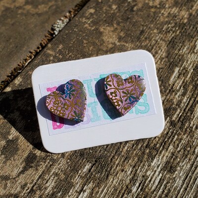 Heart shaped wood stud earring, Floral quilt patterns - image5
